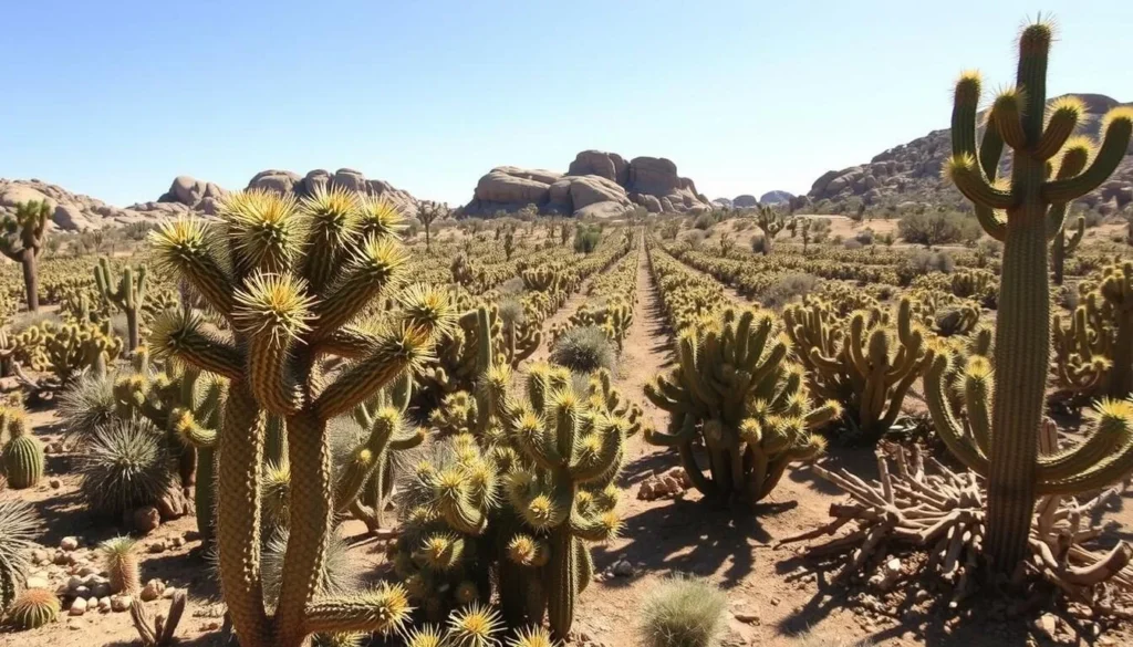 A lush, expansive Cholla cactus garden nestled in the arid landscape of Joshua Tree National Park. Rows of the iconic, spiky succulent plants stand tall, their intricate silhouettes casting dynamic shadows across the sun-dappled ground. In the foreground, a cluster of cholla cacti sway gently in a soft breeze, their delicate, golden-hued spines glimmering. The middle ground reveals a diverse array of these mesmerizing cacti, their densely packed formations creating a visually captivating scene. Framed by the rugged, earthy tones of the park's distinctive rock formations in the background, the garden appears to emerge from the desert like a serene oasis. A clear, bright sky overhead completes the tranquil, naturalistic atmosphere.