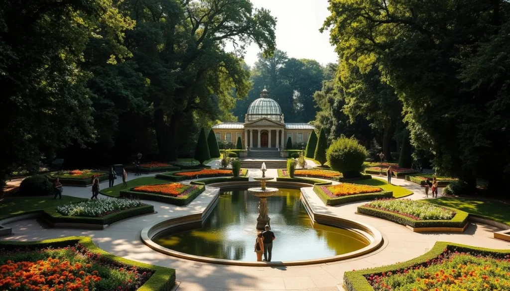 A lush, expansive garden in Rennes, France, known as Parc du Thabor. Sunlight filters through the canopy of mature trees, casting a warm glow on the well-manicured pathways winding through vibrant flower beds. In the center, a tranquil pond reflects the surrounding foliage and a stately stone fountain. Visitors stroll leisurely, admiring the ornamental architecture, including a grand glass conservatory. The park exudes a serene, sophisticated atmosphere, inviting visitors to relax and immerse themselves in the beauty of nature within the heart of the city.