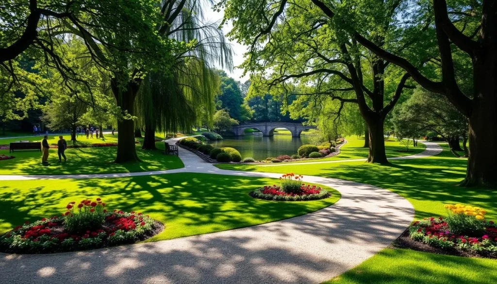 A lush, expansive park in the heart of Rennes, France - Parc du Thabor. Wide gravel paths wind through manicured lawns and ornamental flower beds, dotted with towering trees that cast dappled shadows. In the distance, a tranquil pond reflects the sky, surrounded by shrubbery and stone bridges. Sunlight filters through the leaves, illuminating the scene with a warm, serene ambiance. Visitors stroll leisurely, taking in the stunning horticultural displays and peaceful atmosphere. This verdant oasis offers a delightful respite from the bustling city, a haven for those seeking a free, relaxing outdoor experience.