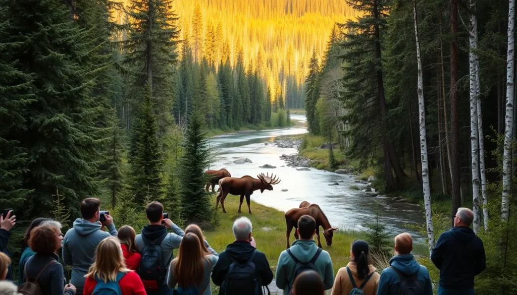 A lush green forest in Anchorage, Alaska, serves as the backdrop for a serene wildlife viewing scene. In the foreground, a group of visitors stand in awe, their cameras poised to capture the majestic creatures that roam the area. The middle ground features a winding river, its crystal-clear waters reflecting the surrounding landscape. On the riverbanks, a family of moose grazes peacefully, their brown coats glistening in the warm, golden sunlight that filters through the canopy of towering spruce and birch trees. The atmosphere is one of tranquility and wonder, as the visitors immerse themselves in the untamed beauty of Anchorage's natural wonders.
