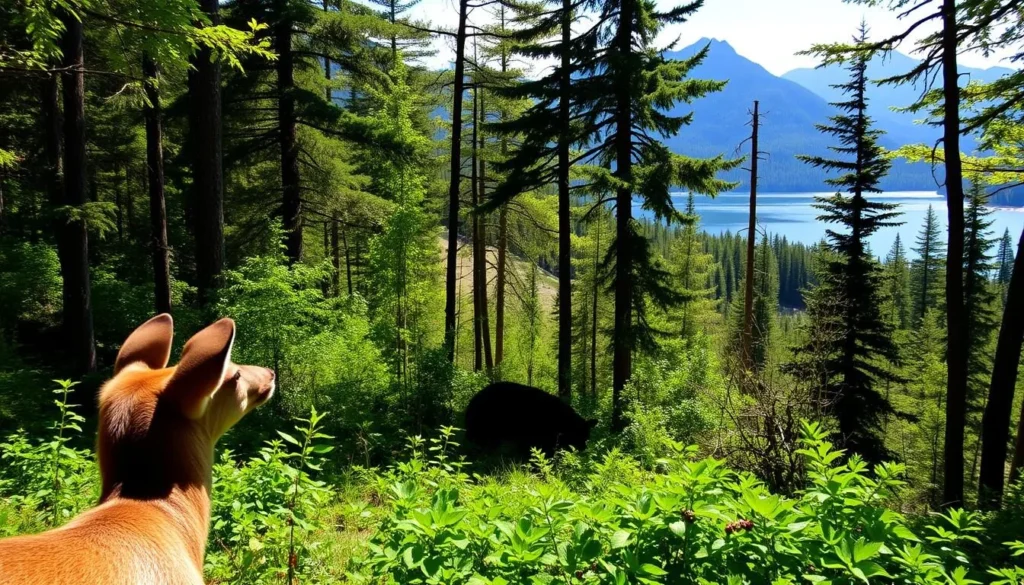 A lush, green forest in Baxter State Park, Maine, with sunlight filtering through the canopy. In the foreground, a deer stands alert, its ears perked up, scanning the surroundings. In the middle ground, a black bear forages for berries, its movements graceful and deliberate. In the background, a serene lake reflects the towering mountains, creating a tranquil, wilderness atmosphere. The scene is captured with a wide-angle lens, conveying a sense of vastness and the richness of the wildlife in this protected natural area.