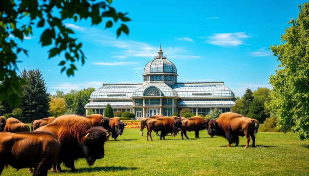 A lush, green landscape with the majestic Buffalo and Erie County Botanical Gardens as the centerpiece. In the foreground, a herd of majestic American bison grazes peacefully, their shaggy coats glistening in the warm afternoon sunlight. The middle ground showcases the stunning Victorian-style glass conservatory, its intricate architecture and vibrant foliage creating a captivating contrast. In the background, a cloudless azure sky frames the scene, setting the stage for a tranquil and inviting atmosphere. Capture this enchanting union of nature and human-crafted beauty, with a soft, diffused lighting that emphasizes the harmony of the setting.