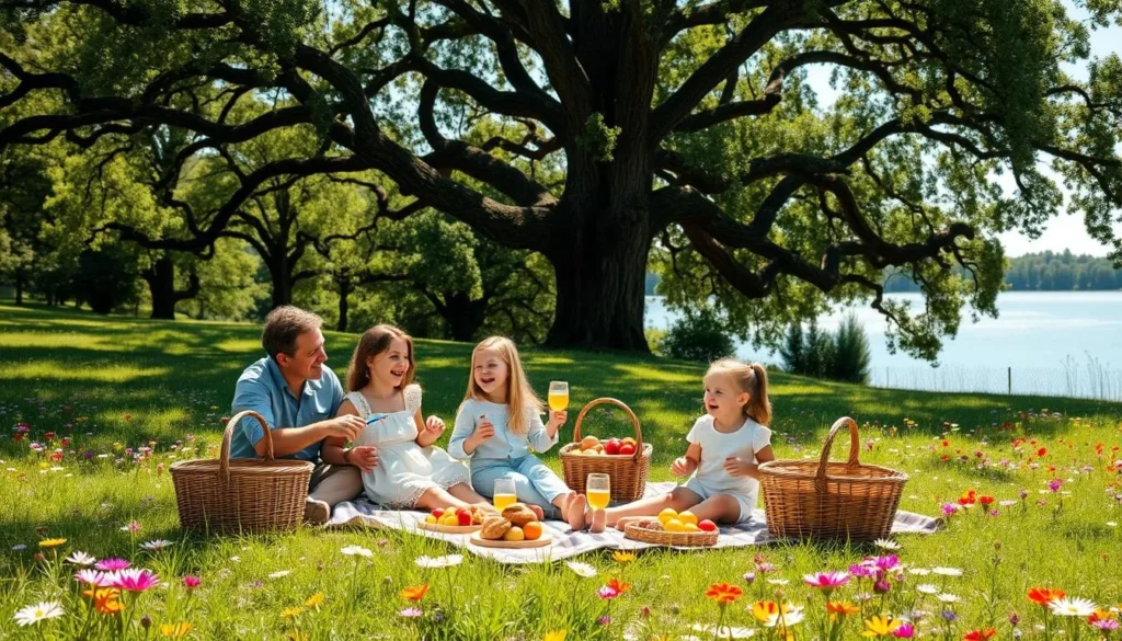 A lush, green meadow dotted with colorful wildflowers, surrounded by towering oak trees casting dappled shadows. A family of four - parents and two children - enjoying a leisurely picnic, spread out on a checkered blanket. Wicker baskets overflowing with freshly baked goods, juicy fruits, and chilled beverages. A gentle breeze rustles the leaves as the family laughs and plays, basking in the warmth of the sun. In the distance, a tranquil lake glistens, inviting visitors to explore its serene shores. The scene exudes a sense of peaceful contentment, perfect for a day of quality time and outdoor recreation.