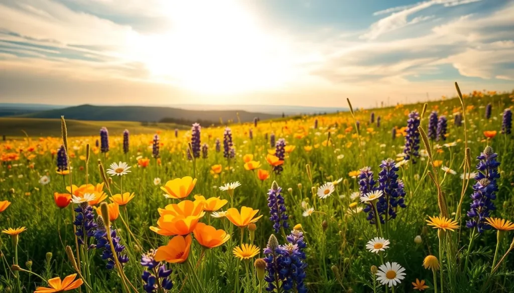 A lush meadow bursting with vibrant spring wildflowers - California poppies, purple lupins, golden buttercups, and delicate daisies. Warm sunlight filters through wispy clouds, casting a soft, golden glow over the scene. In the foreground, clusters of flowers sway gently in a light breeze, their petals catching the light. The middle ground reveals a rolling landscape dotted with more blooms, while distant hills provide a picturesque backdrop. An idyllic, serene atmosphere evokes the beauty and tranquility of California's seasonal natural wonders.