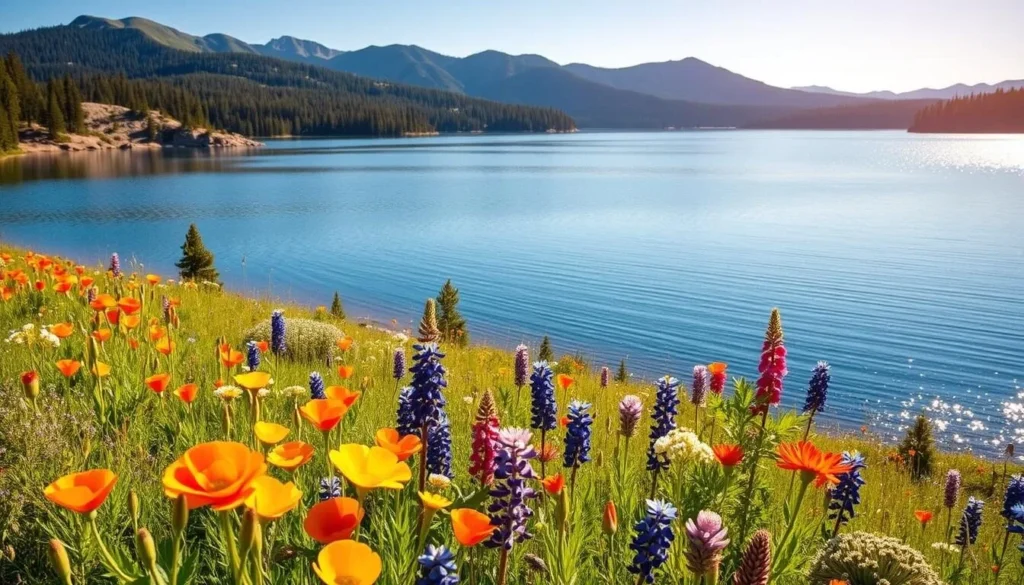 A lush meadow of spring wildflowers surrounds the serene, azure waters of Big Bear Lake. In the foreground, vibrant blooms of poppies, lupines, and Indian paintbrush sway gently in the soft breeze. The middle ground features a glistening lake reflecting the pine-covered mountains in the background, bathed in warm, golden afternoon light. A tranquil, picturesque scene capturing the beauty of the great outdoors in California's San Bernardino National Forest on a pleasant spring day.