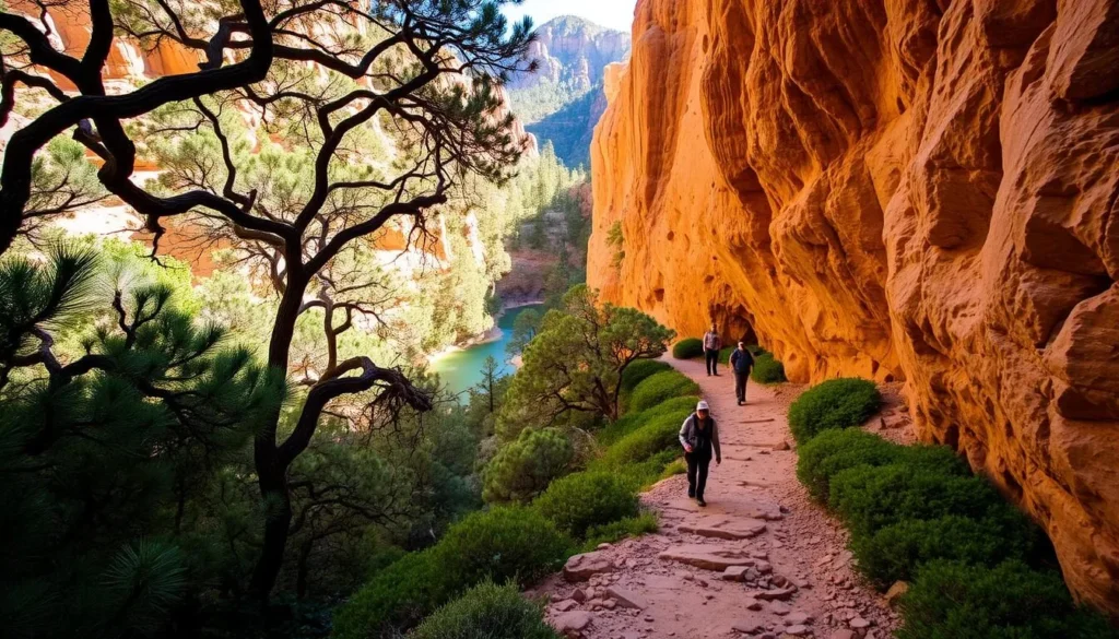 A lush, meandering path winds through a verdant canyon, towering sandstone cliffs rising on either side. Sunlight filters through the canopy of twisted juniper trees, casting a warm, golden glow over the scene. In the distance, a shimmering blue-green pool reflects the surrounding landscape. Hikers carefully navigate the rocky, well-trodden trail, taking in the breathtaking vistas of the Hanging Gardens Trail in the heart of the Arizona desert.