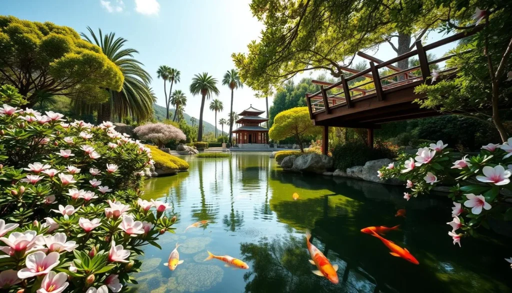 A lush, meticulously manicured Japanese garden nestled in the heart of Monaco, with a serene pond surrounded by vibrant azalea bushes and delicate cherry blossoms in full bloom. Graceful koi swim lazily through the crystal-clear waters, as a wooden bridge arches over the scene, casting soft shadows. In the distance, a traditional pagoda stands amidst a backdrop of towering palm trees, bathed in the warm glow of the afternoon sun. The tranquil atmosphere invites visitors to pause, take a deep breath, and immerse themselves in the hidden beauty of this enchanting oasis.