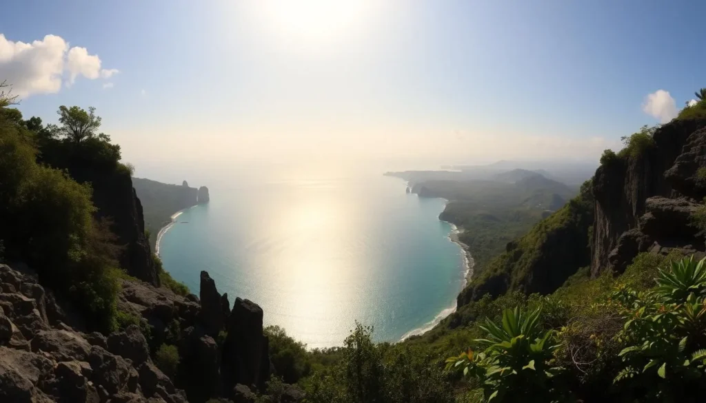 A lush, panoramic view of Cetti Bay Overlook on the southern coast of Guam. The foreground showcases the rugged, sun-dappled cliffs and rocky shoreline, dotted with vibrant tropical foliage. In the middle ground, the turquoise waters of the bay stretch out, glistening under a warm, golden-hour sky. On the horizon, verdant hills and distant mountains create a stunning backdrop, enveloped in a soft, hazy atmosphere. Capture the sense of tranquility and adventure that embodies the southern region of this picturesque island paradise.