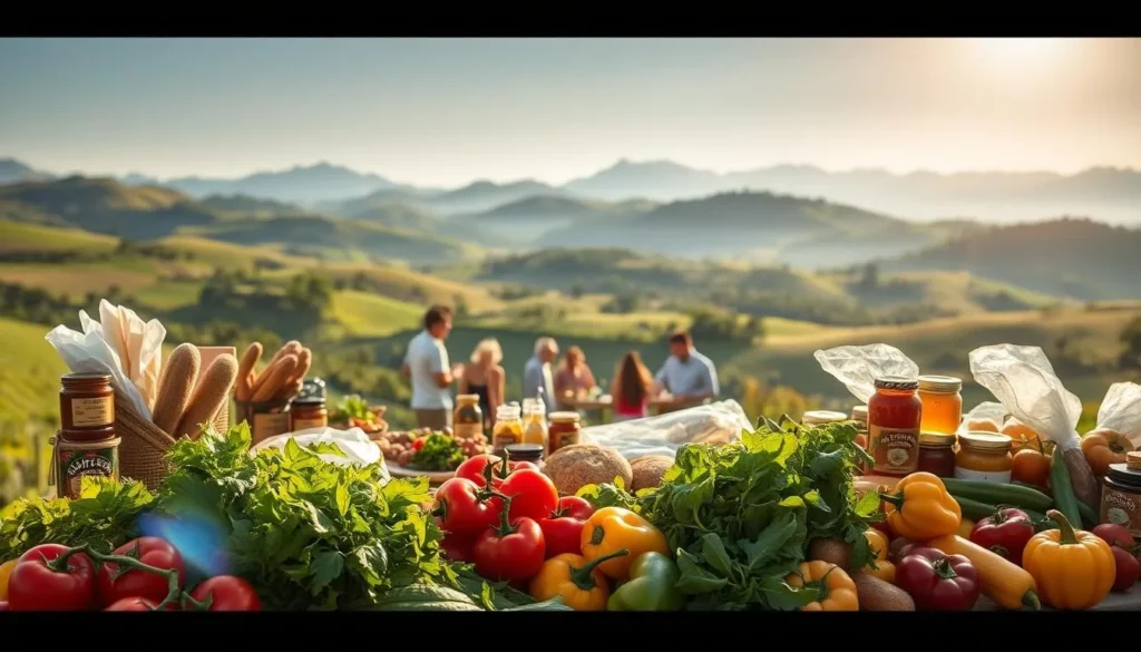 A lush, rolling countryside in West Virginia, where the sun casts a warm glow over a table laden with local delicacies. In the foreground, a selection of freshly harvested produce - juicy tomatoes, crisp greens, and vibrant bell peppers. Behind them, a display of artisanal breads, jams, and honey, all crafted by skilled local producers. In the middle ground, a group of people gathered around the table, enjoying the bounty of the region and sharing lively conversation. In the background, the gentle undulations of the Appalachian mountains, their peaks bathed in a soft, hazy light. The scene exudes a sense of community, tradition, and the celebration of West Virginia's rich culinary heritage.