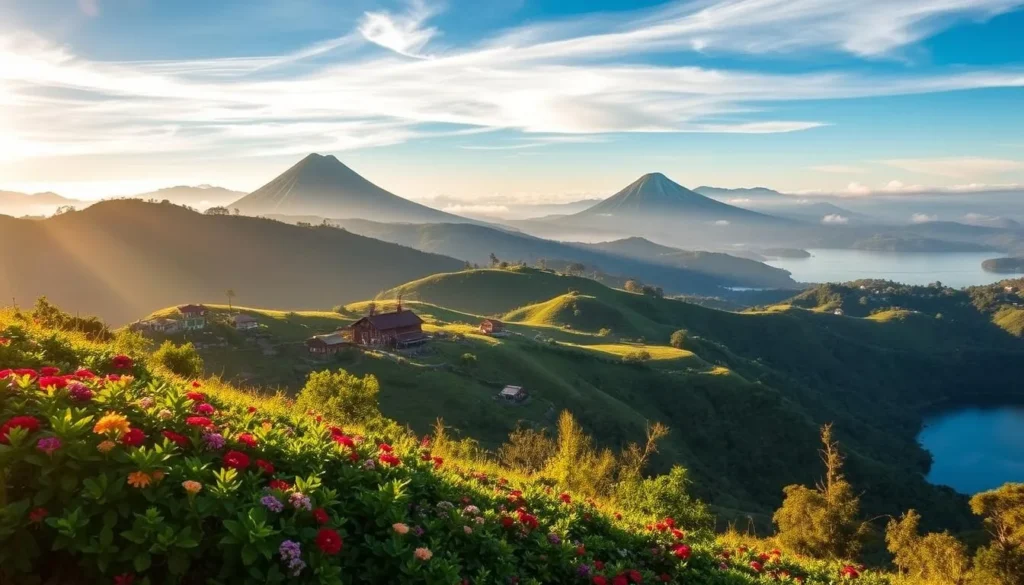 A lush, rolling hillside overlooking the serene Taal Lake, with the iconic Taal Volcano rising majestically in the distance. The foreground is dotted with vibrant green foliage and colorful blooms, creating a picturesque landscape. Warm, golden sunlight filters through wispy clouds, casting a soft, inviting glow over the scene. In the middle ground, quaint, rustic buildings and homes nestled among the hills add to the tranquil, idyllic atmosphere. The background features the dramatic, mist-shrouded silhouette of the volcano, its symmetrical cone a testament to the region's volcanic origins. An enchanting, serene vista that perfectly captures the essence of Tagaytay's natural beauty and charm.