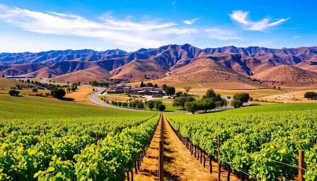 A lush, rolling landscape in Temecula Valley, Southern California. Verdant vineyards stretch out in the foreground, their rows of trellised vines gently swaying in the warm breeze. In the middle ground, a winding country road leads toward a collection of charming, rustic buildings - perhaps a historic winery or quaint town center. The background is dominated by a range of rugged, sun-dappled hills, their slopes dotted with oak trees and patches of chaparral. The sky is a brilliant blue, with just a few wispy clouds drifting overhead, casting soft shadows across the scene. The overall mood is one of tranquility and natural beauty, inviting the viewer to explore this picturesque corner of California.