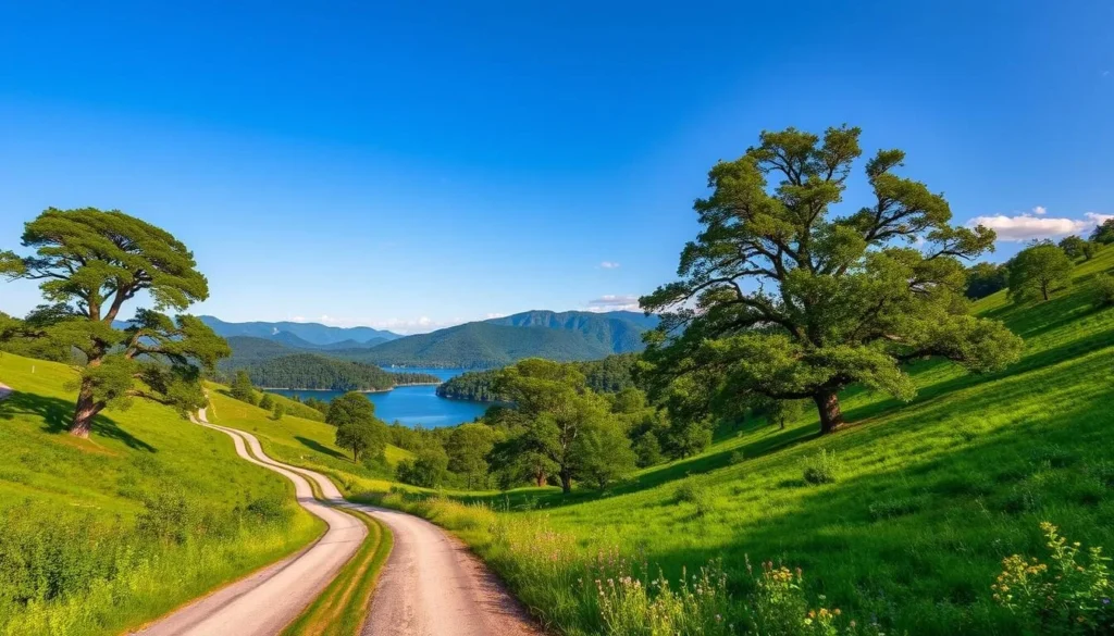 A lush, rolling landscape in the heart of North Carolina, where verdant hills and winding streams beckon explorers. In the foreground, a picturesque country road, flanked by towering oak trees and dotted with wildflowers, leads the way to enchanting destinations. In the middle ground, a serene lake reflects the azure sky, inviting visitors to pause and take in the tranquil beauty. In the distance, the majestic Blue Ridge Mountains rise, their peaks bathed in the warm glow of the sun, creating a breathtaking backdrop for a day trip from the vibrant city of Fayetteville. This scene evokes a sense of adventure, natural wonder, and the opportunity to escape the hustle and bustle, all within easy reach of the charming town.