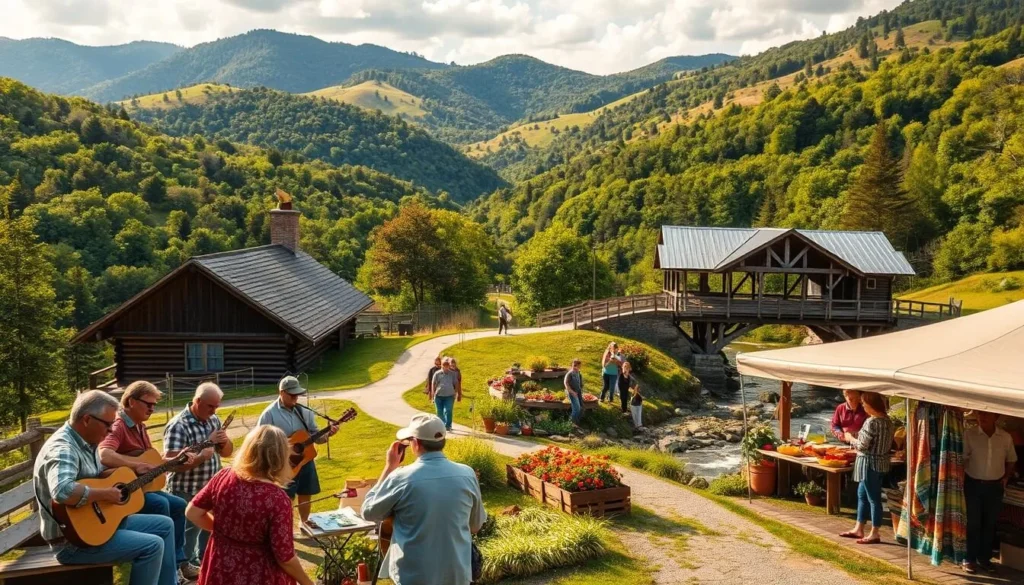 A lush, rolling landscape of the Appalachian Mountains in West Virginia, with a rustic log cabin nestled among the verdant hills. In the foreground, a group of locals engage in traditional Appalachian folk music, playing guitars, banjos, and fiddles. The middle ground features a farmers' market, with stalls showcasing the region's bountiful produce, artisanal crafts, and handmade textiles. In the background, a historic covered bridge spans a tranquil stream, reflecting the area's rich architectural heritage. The scene is bathed in warm, golden sunlight, conveying a sense of community, tradition, and the serene beauty of West Virginia's cultural landscape.