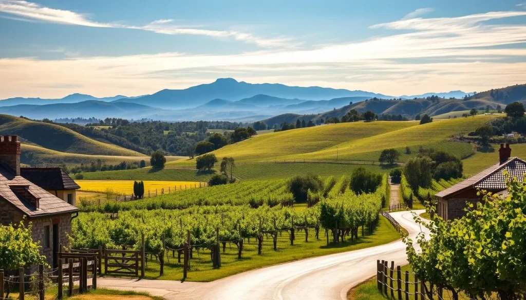 A lush, rolling landscape of verdant vineyards and stately grapevines, nestled between rugged, sun-dappled hills in the Barossa Valley, South Australia. In the foreground, a quaint country road winds through the idyllic scene, flanked by charming stone buildings and weathered wooden fences. The middle ground is dotted with clusters of ancient, gnarled vines, their leaves casting delicate shadows on the fertile soil. In the distance, the hazy blue silhouettes of the Barossa Ranges rise majestically, creating a picturesque backdrop for this quintessential Australian wine country setting. Warm, golden sunlight filters through wispy clouds, casting a gentle, nostalgic glow over the entire landscape, evoking a sense of timeless tranquility and pastoral beauty.