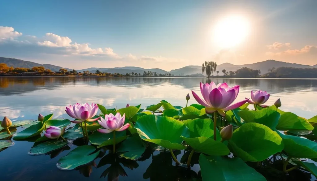 A lush, serene landscape at Xuanwu Lake in Nanjing, China. In the foreground, a cluster of vibrant lotus flowers in shades of pink and white float atop the calm, mirrored surface of the water. The middle ground features the lake's banks, lined with weeping willow trees casting delicate shadows. In the background, the distant hills are bathed in soft, golden light from the sun peeking through wispy clouds. The scene exudes a tranquil, contemplative atmosphere, inviting the viewer to pause and appreciate the natural beauty of this seasonal wonder.