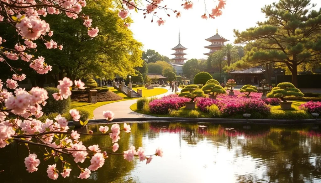 A lush, serene landscape in Kōtō-ku, Tokyo, bathed in soft, warm sunlight. In the foreground, a tranquil pond reflects the vibrant foliage surrounding it, with delicate cherry blossoms drifting gently on the surface. In the middle ground, a well-maintained path winds through a meticulously groomed garden, lined with vibrant azaleas and carefully pruned bonsai trees. In the background, towering pagodas and traditional Japanese architecture peek out from behind a canopy of verdant, swaying trees. The scene exudes a sense of harmony and natural beauty, inviting the viewer to immerse themselves in the serene, picturesque charm of Kōtō-ku's renowned parks and gardens.