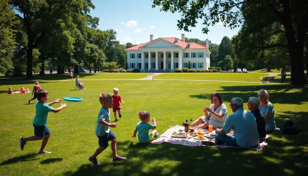 A lush, sprawling lawn surrounding the iconic Mount Vernon estate, with families engaged in a variety of outdoor activities. In the foreground, children play a game of frisbee, their laughter echoing through the crisp, sunlit air. In the middle ground, a picnic blanket is spread out, with parents and grandparents enjoying a leisurely meal together, taking in the stunning views of the Potomac River. In the background, the stately, Georgian-style mansion stands tall, its white columns and red roof creating a picturesque backdrop. The scene conveys a sense of history, tradition, and the joy of shared experiences, capturing the essence of a perfect family day at the beloved Mount Vernon estate.