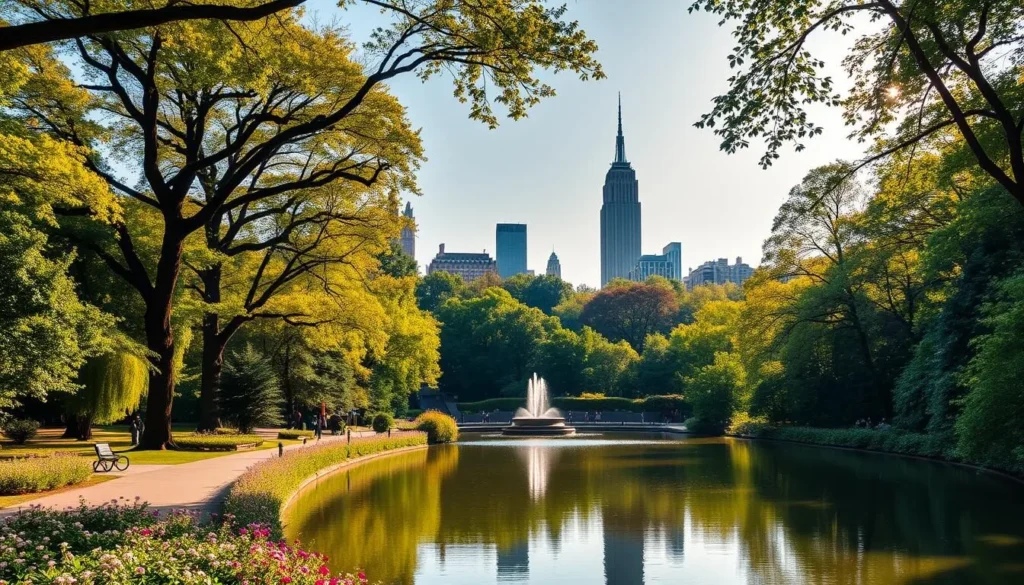 A lush, sprawling oasis of verdant greenery, Central Park stands as a serene haven amidst the bustling cityscape of Manhattan. Capture the tranquil ambiance of this iconic urban sanctuary, showcasing its picturesque landscapes bathed in warm, golden sunlight filtering through the canopy of towering trees. Depict the winding pathways lined with blooming flowers, inviting visitors to stroll and bask in the natural beauty. In the middle ground, a picturesque pond reflects the surrounding foliage, its still waters creating a mirror-like surface. In the distance, the distinctive silhouettes of historic landmarks, such as the Bethesda Fountain, rise up, adding a sense of timeless elegance to the scene. Convey the overall sense of peace and rejuvenation that Central Park offers as a verdant oasis in the heart of the city. Prompt A lush, sprawling oasis of verdant greenery, Central Park stands as a serene haven amidst the bustling cityscape of Manhattan. Capture the tranquil ambiance of this iconic urban sanctuary, showcasing its picturesque landscapes bathed in warm, golden sunlight filtering through the canopy of towering trees. Depict the winding pathways lined with blooming flowers, inviting visitors to stroll and bask in the natural beauty. In the middle ground, a picturesque pond reflects the surrounding foliage, its still waters creating a mirror-like surface. In the distance, the distinctive silhouettes of historic landmarks, such as the Bethesda Fountain, rise up, adding a sense of timeless elegance to the scene. Convey the overall sense of peace and rejuvenation that Central Park offers as a verdant oasis in the heart of the city. Prompt