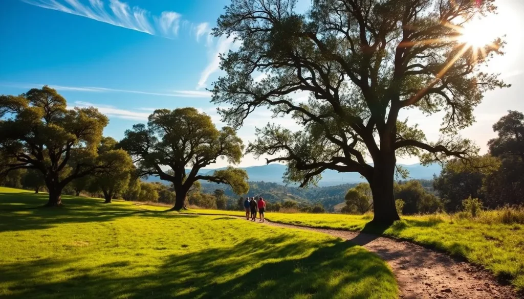 A lush, sun-dappled Fresno hiking trail winds through a verdant landscape. Majestic oak trees line the path, casting soft shadows across the packed earth. In the middle ground, a group of hikers, their forms silhouetted against the bright sky, explore the tranquil, winding route. Distant hills rise up, capped with wispy clouds that drift lazily overhead. The scene exudes a sense of peaceful exploration, inviting the viewer to immerse themselves in the great outdoors of Fresno.