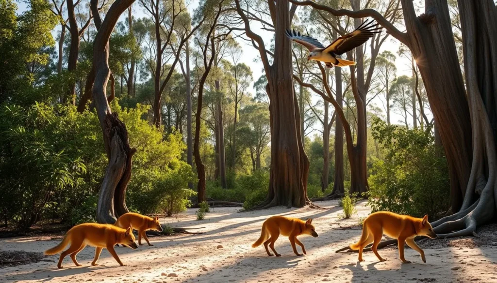 A lush, sun-dappled forest on Fraser Island, Queensland, where native wildlife thrives. In the foreground, a family of dingoes - Australia's iconic wild dogs - roams the sandy forest floor, their tawny coats shimmering. In the middle ground, a large, vibrant-colored goanna lizard scales a weathered tree trunk, while in the background, a majestic sea eagle soars overhead, its broad wings catching the gentle breeze. The scene is bathed in warm, golden light, creating a sense of tranquility and harmony between the diverse array of flora and fauna that call this UNESCO World Heritage site home.