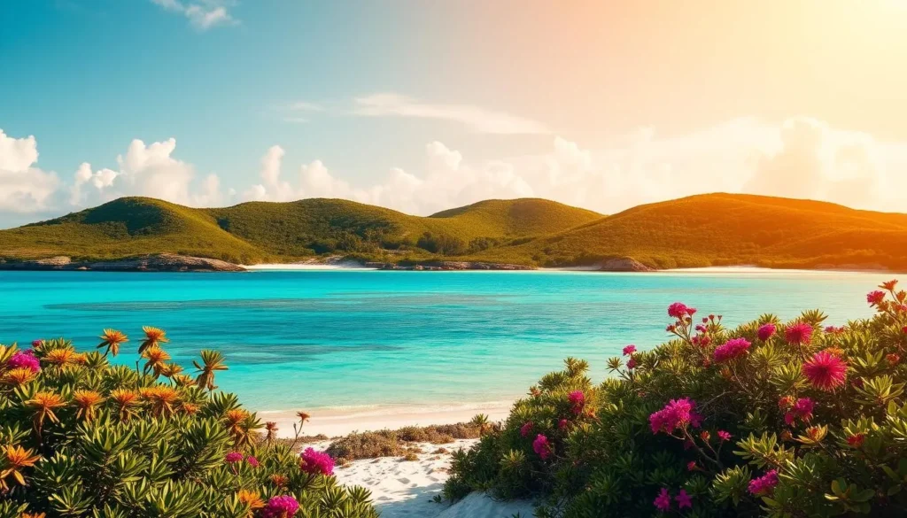 A lush, sun-dappled island landscape on Turks & Caicos, showcasing the region's vibrant conservation efforts. In the foreground, a pristine white-sand beach leads to crystal-clear turquoise waters, teeming with diverse marine life. In the middle ground, verdant, rolling hills are dotted with native flora, including palm trees and vibrant wildflowers. The background features a dramatic, cloudless sky with a warm, golden glow, conveying a sense of tranquility and natural harmony. Capture this idyllic scene through a wide-angle lens, highlighting the island's breathtaking beauty and the importance of sustainable tourism and environmental protection.