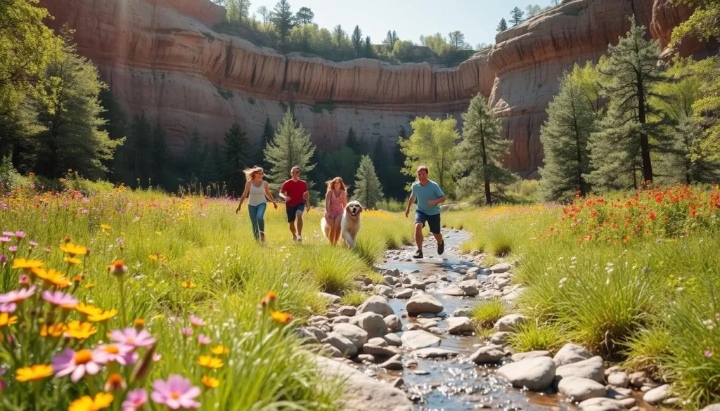 A lush, sun-dappled meadow in the heart of Wisconsin Dells, where a family of four and their playful golden retriever frolic amidst vibrant wildflowers. In the middle ground, a tranquil stream gently meanders, its banks dotted with smooth stones. In the background, the iconic sandstone cliffs of the Dells rise majestically, their rugged textures accentuated by warm, diffused lighting. The scene exudes a sense of serene, outdoor adventure, perfectly capturing the budget-friendly and pet-friendly charm of this beloved Midwestern destination.