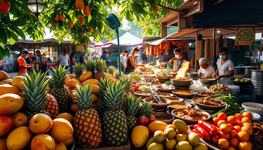 A lush, sun-dappled outdoor market in Mindanao, Philippines, overflowing with vibrant, fragrant local delicacies. In the foreground, an abundance of tropical fruits - ripe mangoes, juicy pineapples, and succulent lanzones. The middle ground features a bustling scene of vendors skillfully preparing and serving regional specialties, from steaming bowls of aromatic sinigang to flavorful chicken adobo and fragrant beef rendang. In the background, colorful stalls and lively crowds create an immersive atmosphere of Mindanaoan culture and cuisine. Warm, natural lighting accentuates the scene, inviting viewers to imagine the tantalizing aromas and flavors of this culinary haven.