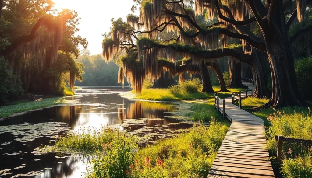 A lush, sun-dappled scene along the winding Creole Nature Trail in Sulphur, Louisiana. Towering cypress trees draped in Spanish moss line the calm, reflective waters of the bayou. Vibrant wildflowers and verdant foliage dot the verdant banks, creating a serene, picturesque landscape. In the distance, a wooden boardwalk cuts through the wetlands, inviting visitors to explore this natural wonderland. Warm, soft lighting bathes the scene, casting a tranquil, golden glow over the entire tableau. The overall mood is one of tranquility, wonder and appreciation for the breathtaking beauty of Louisiana's Cajun country.