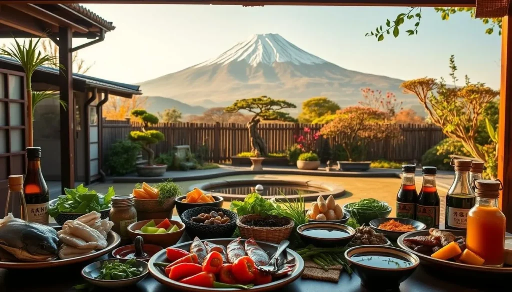 A lush, sun-dappled scene of Mie Prefecture's seasonal culinary bounty. In the foreground, a table laden with local delicacies - fresh seafood, seasonal vegetables, and artisanal sauces. In the middle ground, a serene Japanese garden with neatly-trimmed bonsai and a koi pond. The background features the iconic silhouette of Mount Asama, its snow-capped peak glowing under a warm, golden-hour sky. The lighting is soft and diffused, evoking a sense of tranquility and appreciation for the region's natural abundance. The overall mood is one of harmony, where the local cuisine seamlessly integrates with the breathtaking natural landscape of Mie Prefecture.