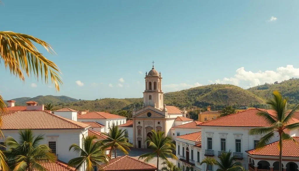 A lush, sun-dappled scene of Rincon's historical sites, captured in vibrant detail. In the foreground, the iconic whitewashed buildings of the town center, their tiled roofs glowing under the warm Caribbean light. Clusters of palm trees sway gently, framing the picturesque town square. In the middle ground, the stately colonial architecture of Rincon's historic landmarks comes into focus - a grand church with a towering bell tower, its façade adorned with intricate carvings. Beyond, rolling hills dotted with verdant vegetation create a lush, serene backdrop, hinting at the island's natural beauty. The scene exudes a sense of timeless tranquility, inviting the viewer to step into Rincon's rich historical tapestry.