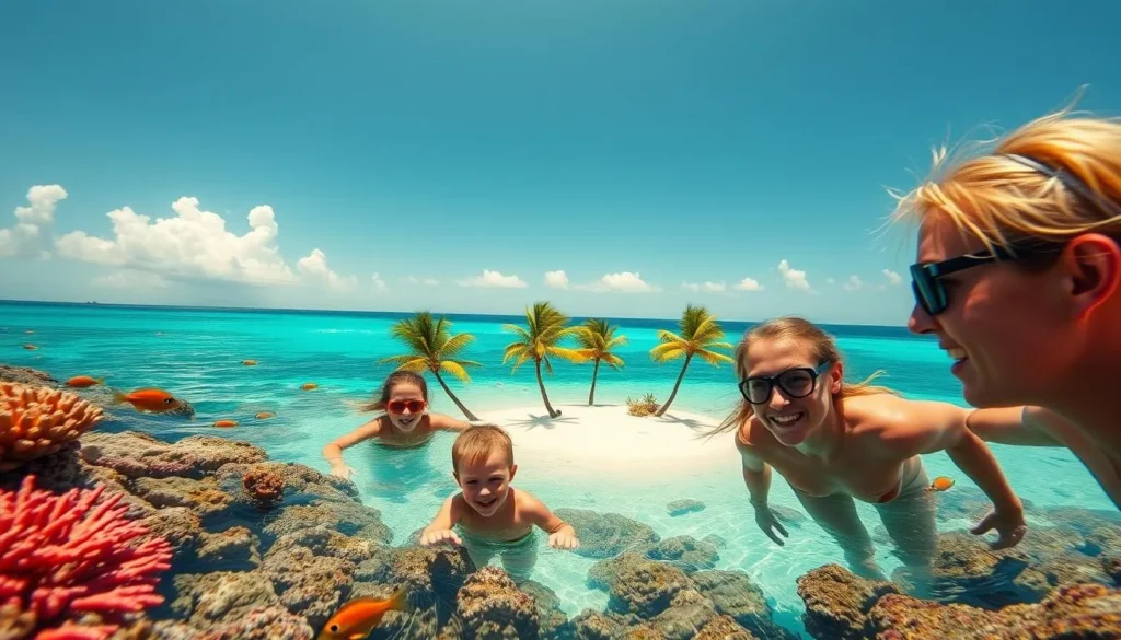 A lush, sun-dappled scene of the Great Barrier Reef. In the foreground, a family of four - parents and two children - snorkeling amongst a kaleidoscope of vibrant coral and tropical fish. The middle ground showcases a small, idyllic white sand beach, dotted with palm trees swaying gently in the breeze. In the background, the vast, azure expanse of the ocean stretches towards the horizon, with a few fluffy white clouds drifting overhead. The lighting is warm and natural, casting a golden glow over the entire scene. Captured with a wide-angle lens to convey a sense of immersion and adventure, this image evokes the wonder and tranquility of a family-friendly day exploring the wonders of the Great Barrier Reef.