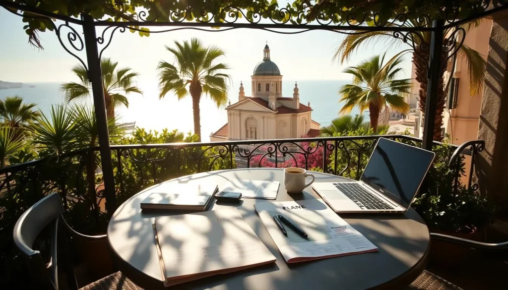 A lush, sun-dappled table on a terrace in Nice, France, overlooking the sparkling Mediterranean. A guidebook, map, and travel documents are neatly arranged, along with a laptop, smartphone, and a cup of coffee. Soft, warm lighting filters through a wrought-iron trellis, casting gentle shadows. In the background, the iconic domes and spires of the Basilica of Notre-Dame de Nice stand tall, framed by swaying palm trees. The scene exudes a sense of tranquility and contemplation, inviting the viewer to immerse themselves in the practical details of planning an unforgettable trip to this picturesque coastal city.