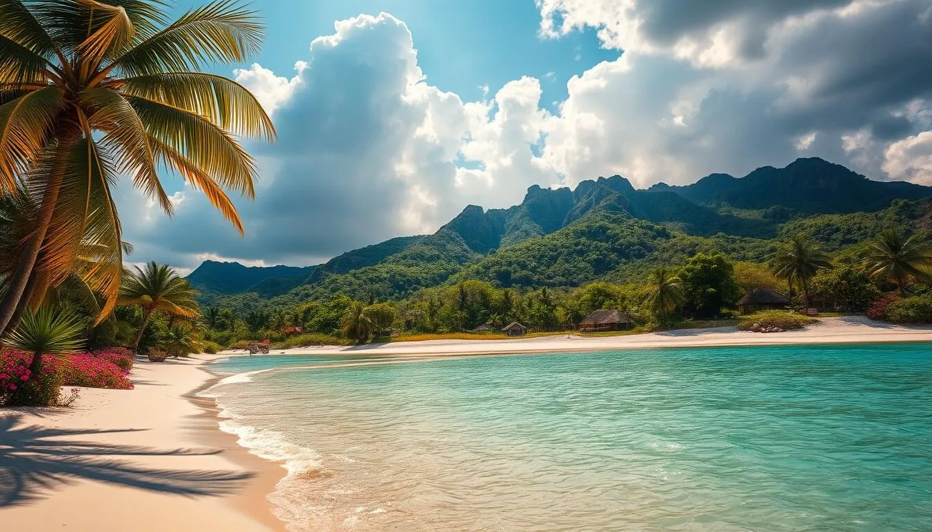 A lush, sun-dappled tropical paradise in Mozambique. In the foreground, a pristine, white-sand beach with crystal-clear turquoise waters lapping at the shore. Swaying palm trees and vibrant, blooming flora line the coast. In the middle ground, rugged, verdant hills rise up, dotted with traditional thatched-roof huts. The background features a dramatic, cloud-streaked sky with shafts of warm, golden light filtering through. The scene is captured with a wide-angle lens, creating a sense of expansive, breathtaking beauty. An atmosphere of tranquility and rejuvenation pervades the idyllic tropical paradise.