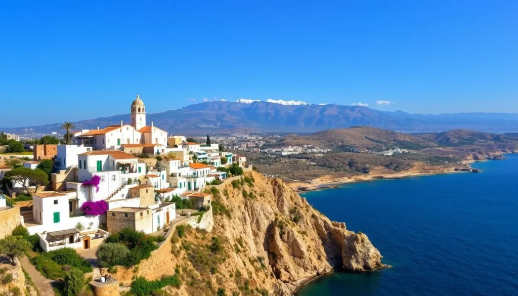 A lush, sun-drenched Mediterranean island, Cyprus rises from azure waters, its rugged coastline dotted with picturesque harbors and ancient ruins. In the foreground, a traditional whitewashed village clings to steep cliffs, its narrow alleyways and bougainvillea-draped homes evoking a timeless charm. In the middle ground, rolling hills blanketed in olive groves and vineyards stretch towards the horizon, while in the distance, the majestic Troodos Mountains stand sentinel, their snow-capped peaks gleaming under a brilliant sky. Capture the essence of this captivating island, where history, culture, and natural beauty converge in a breathtaking Mediterranean tableau. A lush, sun-drenched Mediterranean island, Cyprus rises from azure waters, its rugged coastline dotted with picturesque harbors and ancient ruins. In the foreground, a traditional whitewashed village clings to steep cliffs, its narrow alleyways and bougainvillea-draped homes evoking a timeless charm. In the middle ground, rolling hills blanketed in olive groves and vineyards stretch towards the horizon, while in the distance, the majestic Troodos Mountains stand sentinel, their snow-capped peaks gleaming under a brilliant sky. Capture the essence of this captivating island, where history, culture, and natural beauty converge in a breathtaking Mediterranean tableau.