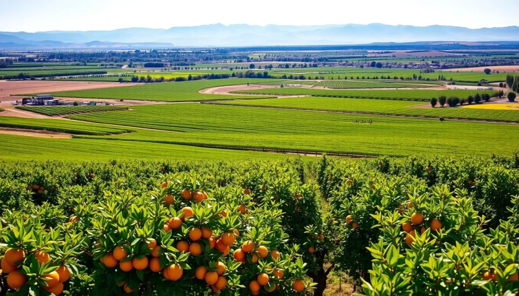A lush, sun-drenched agricultural landscape in Fresno, California, with verdant rows of crops stretching across the fertile Central Valley. In the foreground, vibrant orange groves bask in the warm, golden light, their leaves gently swaying in the soft breeze. In the middle ground, a patchwork of verdant vineyards and orchards, their bountiful yields a testament to the region's rich soil and favorable climate. In the distance, the majestic Sierra Nevada mountains rise, their snow-capped peaks providing a stunning backdrop to this idyllic scene. The overall mood is one of abundance, tranquility, and the harmonious balance between nature and human cultivation.