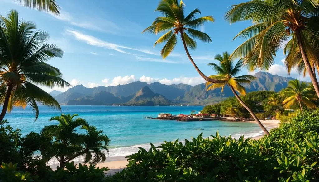 A lush, sun-drenched coastline along Puerto Rico's western shore, with gently lapping azure waves caressing pristine sandy beaches. Towering palm trees sway in the warm tropical breeze, casting dappled shadows on the vibrant, verdant foliage. In the distance, rugged mountains rise majestically, their peaks kissed by wispy clouds. A picturesque fishing village nestled in a protected cove comes into view, its charming red-roofed houses and colorful boats reflecting in the tranquil waters. The scene is bathed in a soft, golden light, evoking a sense of relaxation and natural wonder.