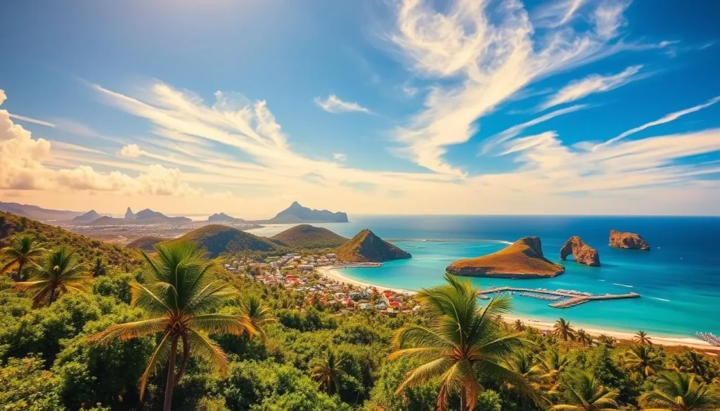 A lush, sun-drenched vista of Bonaire's Rincon region. In the foreground, vibrant, verdant hills dotted with clusters of palm trees sway gently in the Caribbean breeze. The middle ground reveals a tranquil coastal town nestled against a turquoise sea, its brightly colored buildings and docks reflecting off the calm waters. In the distance, dramatic rocky cliffs and promontories rise up, their rugged silhouettes set against a brilliantly blue sky with wispy, luminous clouds. Warm, golden light bathes the entire scene, creating a sense of serene, idyllic beauty.