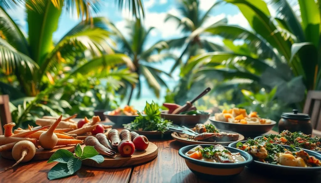 A lush tropical backdrop of vibrant foliage and azure skies sets the stage for an array of Vanuatu's local cuisine. In the foreground, a wooden table is adorned with an assortment of traditional dishes - steaming root vegetables, grilled seafood, and fragrant, herb-infused dishes. The lighting is soft and natural, casting a warm, inviting glow over the scene. The composition features a close-up, eye-level perspective, allowing the viewer to fully immerse themselves in the tactile, sensory experience of this authentic Vanuatu culinary experience. The overall mood is one of tranquility, authenticity, and a celebration of the island's rich cultural heritage and bountiful natural resources.