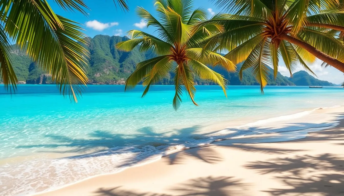 A lush, tropical beach scene on a bright, sunny day. The crystal-clear turquoise waters of the Coral Sea gently lap against the fine, golden sand. Lush, verdant palm trees sway in the gentle breeze, creating dappled shadows on the shore. In the distance, rugged, lush green hills rise up, creating a dramatic backdrop. The scene is bathed in warm, natural lighting, with a soft, hazy quality to the atmosphere. Capture the serene, tranquil mood of this picturesque tropical paradise.