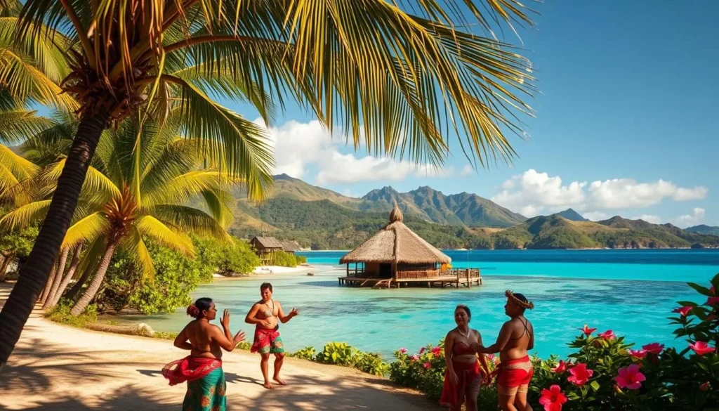 A lush tropical island landscape, with swaying palm trees and crystal-clear turquoise waters. In the foreground, a group of local performers dressed in vibrant traditional garments, engaged in a cultural dance, their movements graceful and rhythmic. The middle ground features a traditional thatched-roof hut, surrounded by colorful hibiscus flowers. In the background, a rolling hill dotted with more lush greenery and a glimpse of the Cook Islands' iconic mountainous terrain. The scene is bathed in warm, golden sunlight, creating a serene and inviting atmosphere that captures the essence of the Cook Islands' rich cultural heritage.