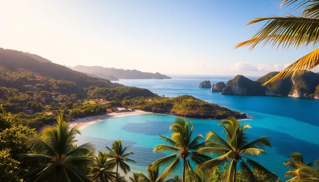 A lush, tropical island paradise with verdant hills, crystalline turquoise waters, and sun-dappled beaches. In the foreground, a picturesque cove with swaying palm trees and a tranquil lagoon, inviting visitors to explore. The middle ground features rolling hills dotted with quaint villages and lush vegetation, while the distant horizon is framed by dramatic limestone cliffs. Warm, golden sunlight bathes the scene, creating a serene and inviting atmosphere. Capture the essence of Cayman Brac's natural beauty, where a day trip or extended stay promises a chance to immerse oneself in the island's captivating charm.
