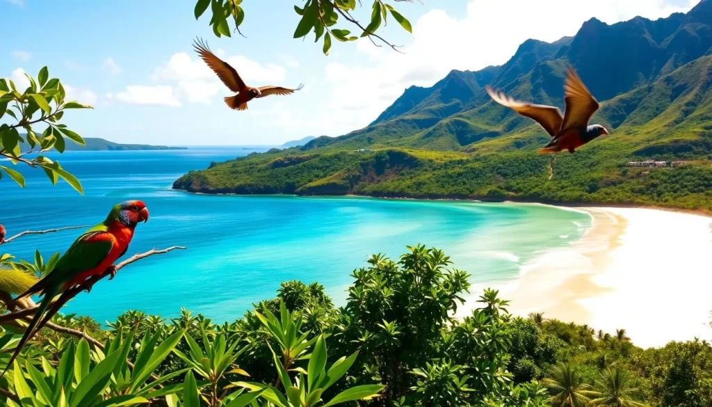 A lush tropical landscape in American Samoa, bathed in warm afternoon sunlight. In the foreground, a group of vibrant birds - perhaps colorful lorikeets or musk parrots - perched on branches, their feathers glistening. In the middle ground, a pair of Samoan flying foxes glide gracefully through the air, their outstretched wings casting shadows on the verdant foliage below. In the distance, a crystal-clear lagoon gently laps against the pristine white-sand beach, surrounded by verdant hills and towering volcanic peaks. The scene exudes a sense of tranquility and natural wonder, inviting the viewer to immerse themselves in the captivating wildlife of this remote Pacific paradise.