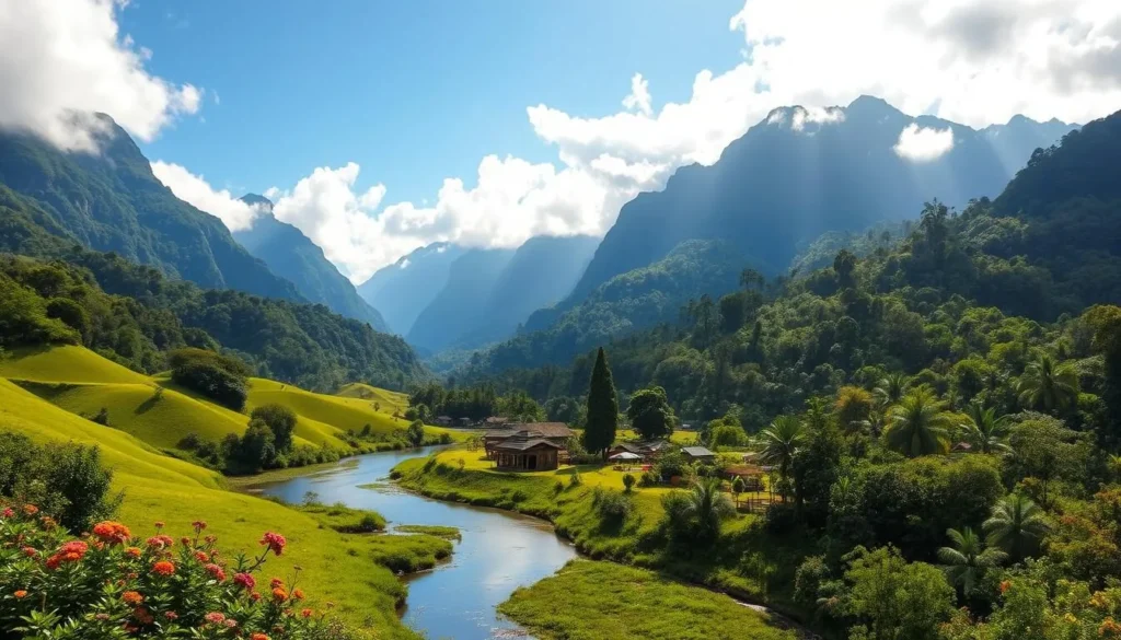 A lush, tropical landscape of Papua New Guinea unfolds before the viewer. In the foreground, a winding river meanders through verdant, rolling hills dotted with vibrant wildflowers. Towering, mist-shrouded mountains rise majestically in the background, their peaks piercing the azure sky. Dappled sunlight filters through the dense, verdant canopy of a primeval forest, casting a warm, golden glow over the scene. In the middle ground, a traditional village nestles amidst the natural splendor, its thatched-roof huts and wooden structures blending seamlessly with the surrounding environment. An overall sense of tranquility and timelessness pervades the landscape, inviting the viewer to immerse themselves in the unspoiled beauty of this tropical paradise.