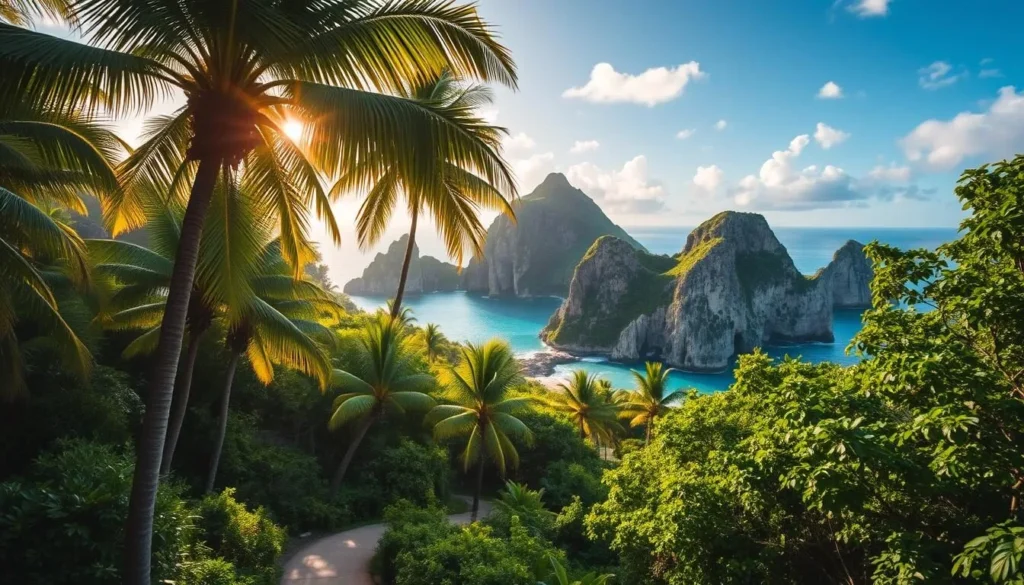 A lush, tropical landscape on Christmas Island, with towering palm trees swaying in the gentle breeze. The sun's warm rays illuminate the vibrant, verdant foliage, casting a golden glow over the rugged, limestone cliffs that rise majestically from the turquoise waters of the Indian Ocean. In the foreground, a winding path leads through a thriving forest, inviting exploration of this natural paradise. The scene exudes a sense of tranquility and wonder, capturing the essence of Christmas Island's unspoiled beauty.