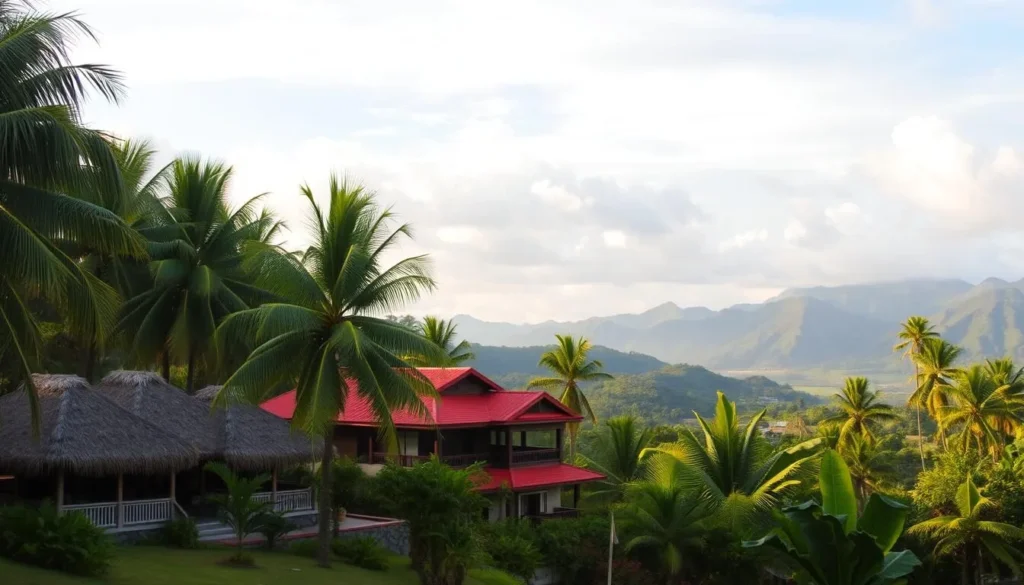 A lush tropical landscape on Negros Island, Philippines, showcasing a variety of accommodation options. In the foreground, a tranquil beach resort with thatched-roof bungalows nestled among swaying palm trees. In the middle ground, a charming boutique hotel with a terrace overlooking rolling hills and vibrant greenery. In the background, a scenic vista of the island's rugged mountains and cloudy skies, bathed in warm, golden sunlight. The scene conveys a sense of serene, laid-back island living, inviting travelers to immerse themselves in the natural beauty and hospitality of Negros.