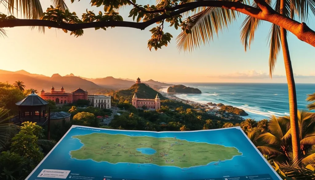 A lush tropical landscape unfolds, highlighting the diverse wonders of Puerto Rico. In the foreground, a vibrant map guides the viewer through a proposed itinerary, showcasing must-visit destinations. The middle ground features iconic landmarks like El Morro Fortress, the colorful houses of Old San Juan, and the captivating bioluminescent bay. The background depicts the island's stunning natural beauty, with verdant mountains, pristine beaches, and the sparkling Caribbean Sea. Warm, natural lighting illuminates the scene, creating a sense of adventure and exploration. Captured with a wide-angle lens, the image conveys the scale and grandeur of this enchanting destination, inviting the viewer to embark on their own Puerto Rican odyssey.