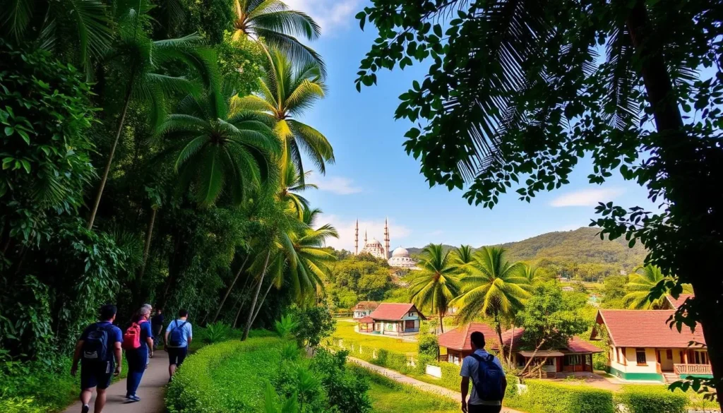 A lush tropical landscape with a towering, verdant canopy of palm trees and lush foliage. In the foreground, a group of travelers exploring a serene, winding path, carrying backpacks and cameras, immersed in the tranquil atmosphere. The mid-ground features a picturesque village with traditional Malay-style houses, their vibrant colors and intricate architectural details catching the warm, golden light. In the distance, a majestic, domed mosque rises, its elegant silhouette against a clear, azure sky. The scene conveys a sense of peaceful discovery, inviting the viewer to explore the rich cultural and natural wonders of Brunei.