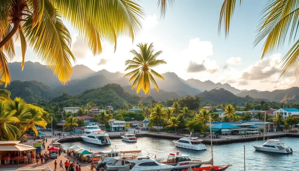 A lush tropical landscape with the bustling port of Port Vila as the focal point. In the foreground, a vibrant waterfront scene with boats and ferries docked, people strolling along the promenade. In the middle ground, the colorful buildings and markets of the city, with palm trees swaying gently in the breeze. In the background, the verdant hills and mountains that surround the harbor, creating a picturesque natural backdrop. Warm, golden sunlight filters through, casting a serene, inviting atmosphere. The scene conveys the sense of an exciting, yet relaxed itinerary awaiting the viewer in this idyllic Pacific island destination.