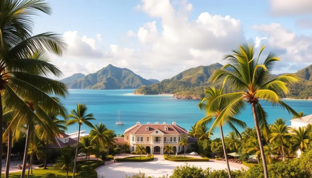 A lush, tropical oasis nestled in the azure waters of the Caribbean, Peter Island Resort commands a breathtaking panorama. Swaying palm trees frame a pristine, white-sand beach, beckoning visitors to bask in the warmth of the sun. The elegant, colonial-style buildings, adorned with pastel hues and elegant architecture, seem to merge seamlessly with the natural landscape. In the distance, rugged hills rise, their verdant slopes cloaked in a tapestry of verdant foliage. Soft, diffused light filters through wispy clouds, casting a warm, golden glow over the entire scene, evoking a sense of tranquility and seclusion. This idyllic Caribbean haven, a true paradise on earth, invites you to escape the world and immerse yourself in its captivating beauty.