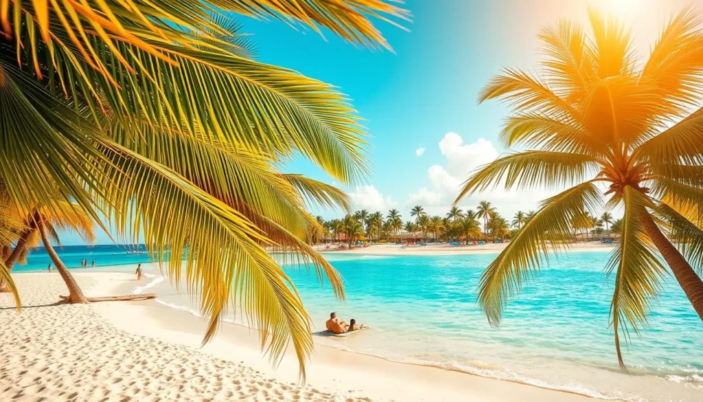A lush, tropical palm-lined beach in Aruba, with crystal-clear turquoise waters lapping against the soft, golden sand. In the foreground, vibrant green palm fronds sway gently in the warm Caribbean breeze. The middle ground features sunbathers relaxing on colorful beach towels, while in the distance, a row of swaying palm trees lines the horizon, creating a picturesque and serene island backdrop. The scene is illuminated by a warm, golden afternoon sun, casting a soft, natural light across the tranquil landscape. Capture the essence of a perfect day in paradise on the beautiful Palm Beach of Aruba.